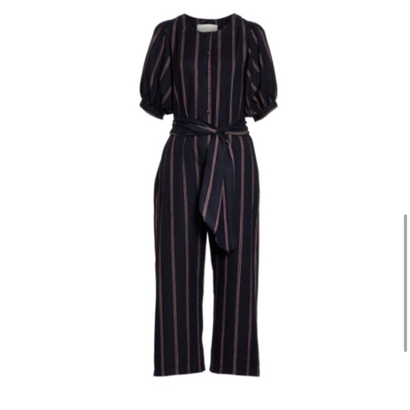 The Great / home room jumpsuit Navy Striped Short Sleeve Cropped Belt 2 medium M - Picture 4 of 6